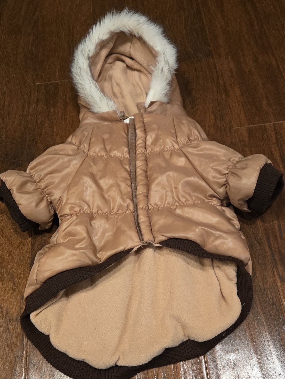 Pet Life Tan Puffer Jacket with White Faux Fur Hood Trim